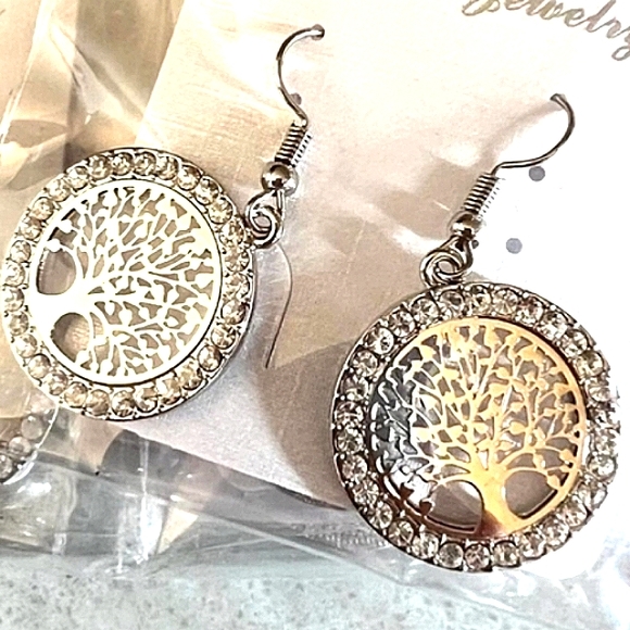 Gorgeous Rose Gold Tree of Life Dangle Earrings Crystal Rhinestones NEW - Picture 6 of 10